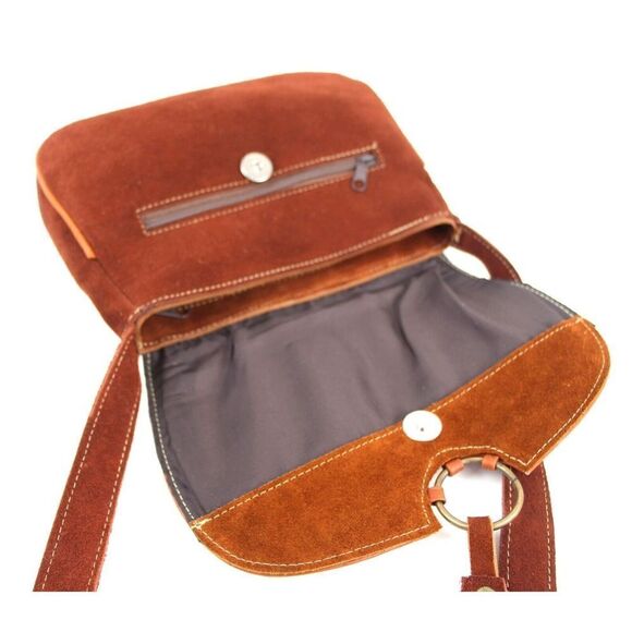 HANDCRAFTED BROWN GENUINE LEATHER SUEDE EMBROIDERY FLAP XBODY PURSE SHOULDER BAG - Picture 10 of 16